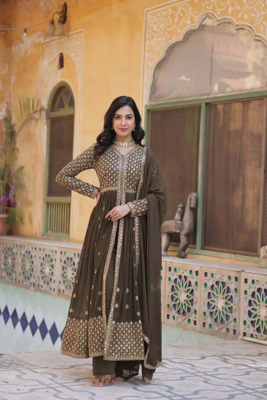 Moni 1149 Coffee Color New Faux Georgette Top Bottom With Dupatta