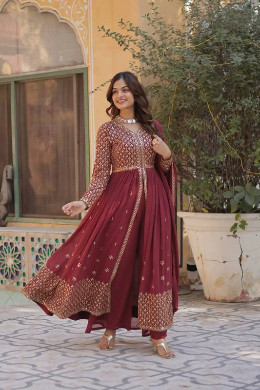 Moni 1149 Maroon Color New Faux Georgette Top Bottom With Dupatta