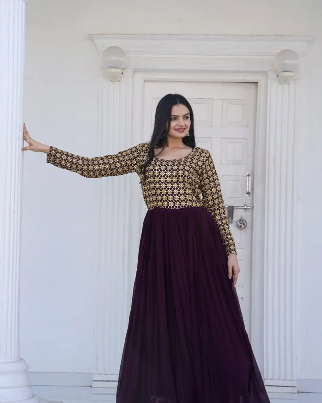 Moni 1034 Wine Color New Heavy And Sequins Multi & Zari Embroidered Gown