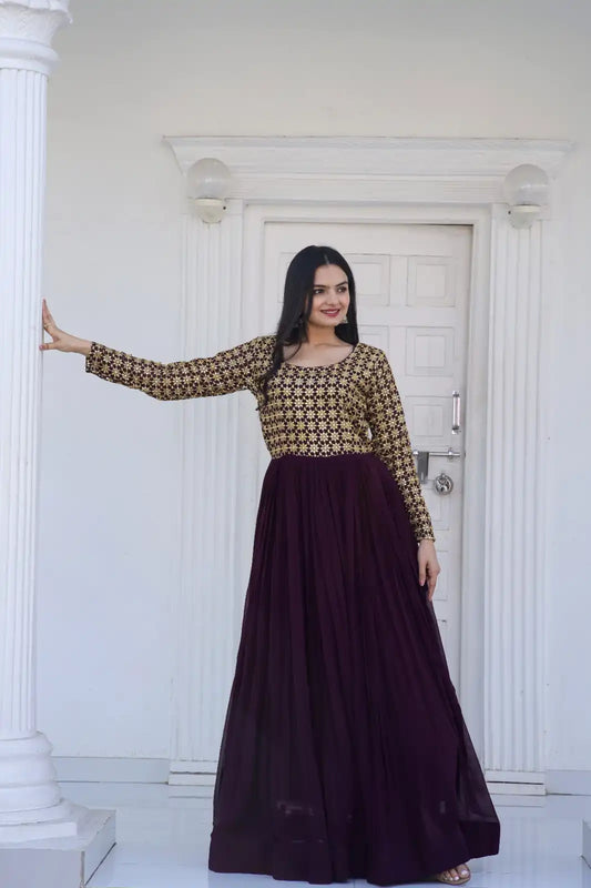 Moni 1034 Wine Color New Heavy And Sequins Multi & Zari Embroidered Gown