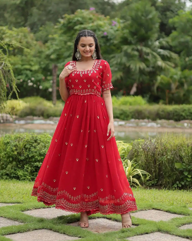 Moni 1111 Red Color Embroidery Zari Sequins Work Gown Collection