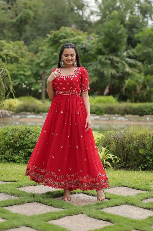 Moni 1111 Red Color Embroidery Zari Sequins Work Gown Collection