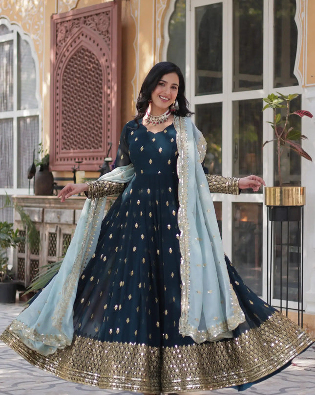 Moni1136 New Heavy Long And Embroidery Gown With Dupatta