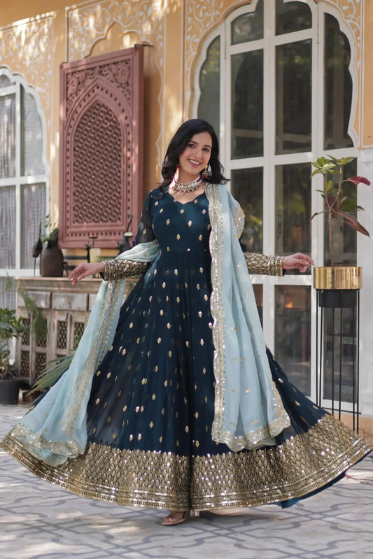 Moni1136 New Heavy Long And Embroidery Gown With Dupatta