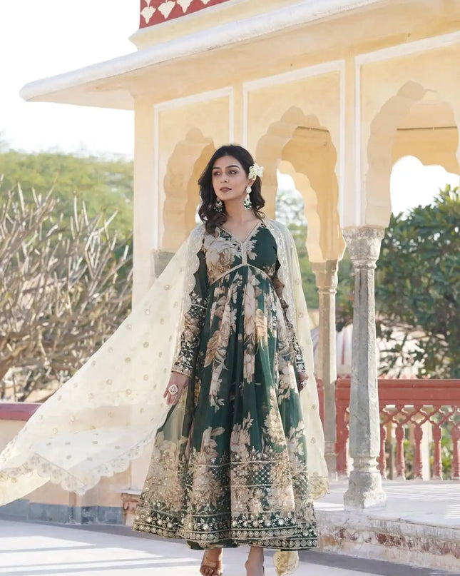 Moni 1086 Green Color New Digital printed Russian silk With Embroidery Gown With Dupatta