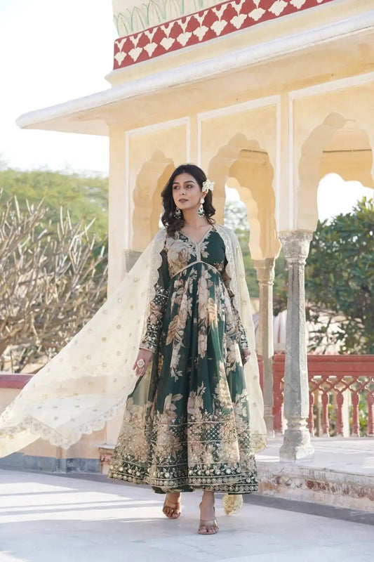 Moni 1086 Green Color New Digital printed Russian silk With Embroidery Gown With Dupatta