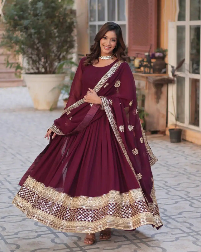 Moni 1135 Maroon Color New Long And Faux Blooming with Embroidery Gown With Dupatta