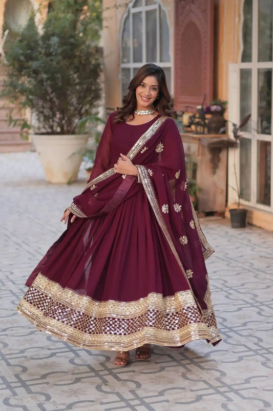 Moni 1135 Maroon Color New Long And Faux Blooming with Embroidery Gown With Dupatta