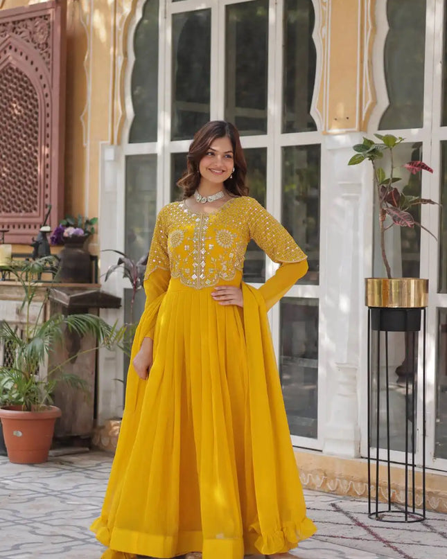 Mohini 9223 Yellow Color New Heavy Long And Georgette Gown With Dupatta