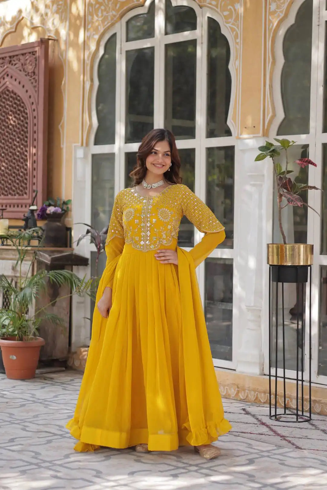 Mohini 9223 Yellow Color New Heavy Long And Georgette Gown With Dupatta