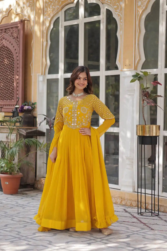 Mohini 9223 Yellow Color New Heavy Long And Georgette Gown With Dupatta