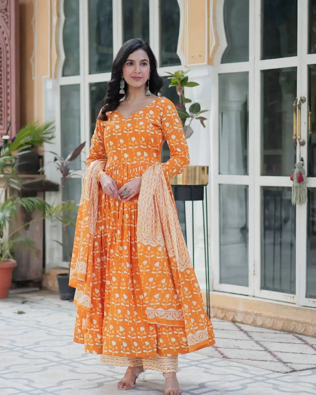 Moni 1155 Orange Color New Cotton Gown Bottom With Dupatta