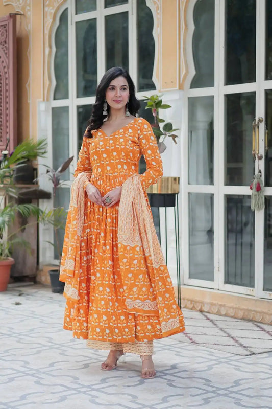 Moni 1155 Orange Color New Cotton Gown Bottom With Dupatta