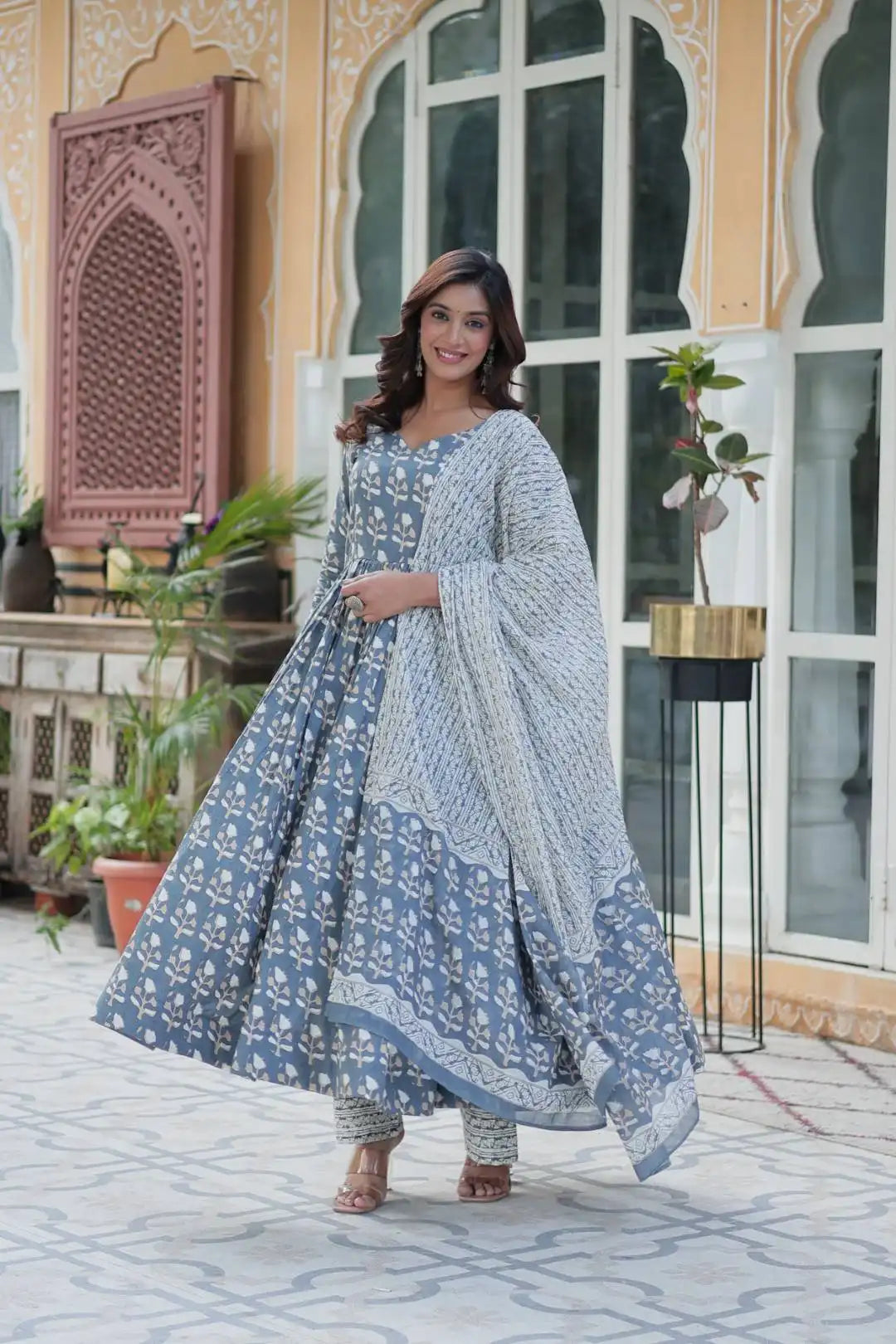 Moni 1155 Sky Blue Color New Cotton Gown Bottom With Dupatta