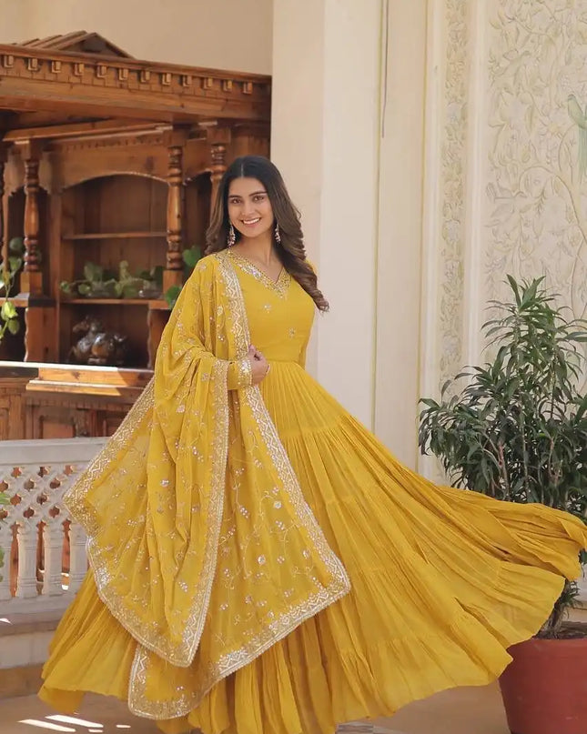Mohini 9162 Yellow Color New Unique Coloured Faux Georgette Gown With Dupatta