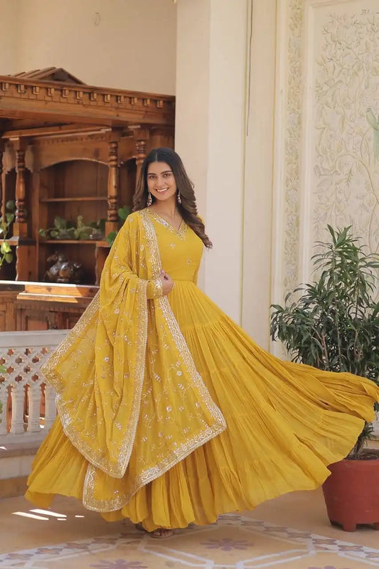 Mohini 9162 Yellow Color New Unique Coloured Faux Georgette Gown With Dupatta