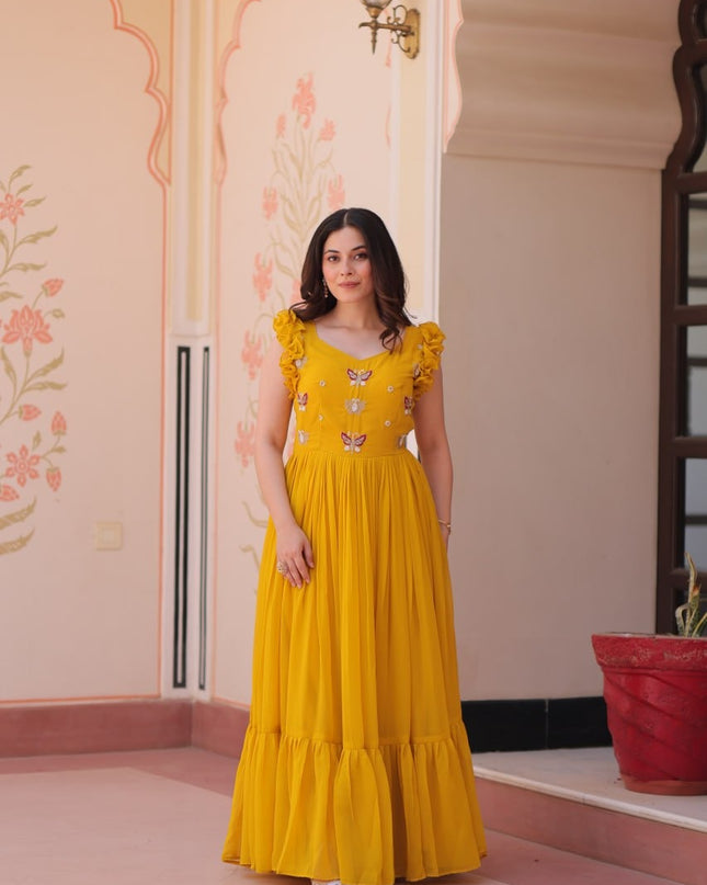 Moni 1174 Yellow Color Multithreaded Beads Embroidered Ladies Gown 2025