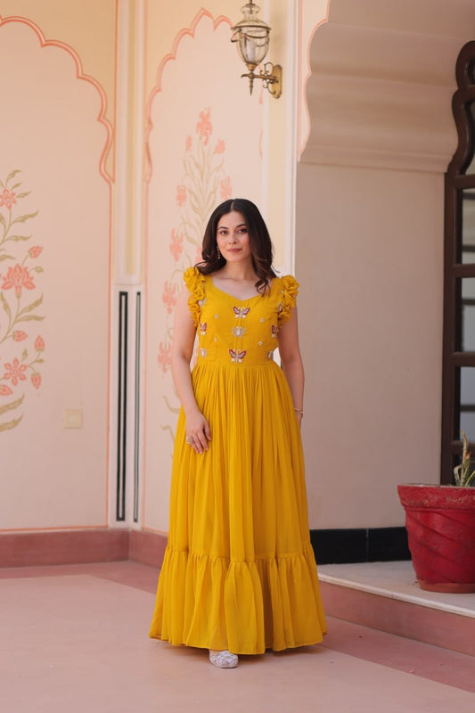 Moni 1174 Yellow Color Multithreaded Beads Embroidered Ladies Gown 2025