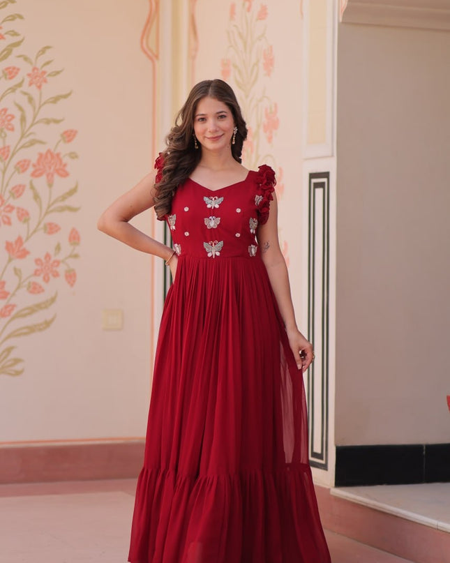 Moni 1174 Red Color Multithreaded Beads Embroidered Ladies Gown 2025