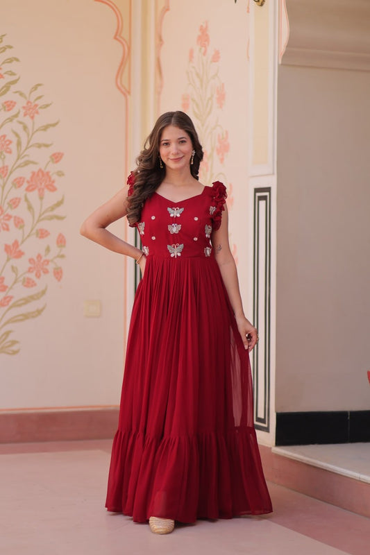 Moni 1174 Red Color Multithreaded Beads Embroidered Ladies Gown 2025