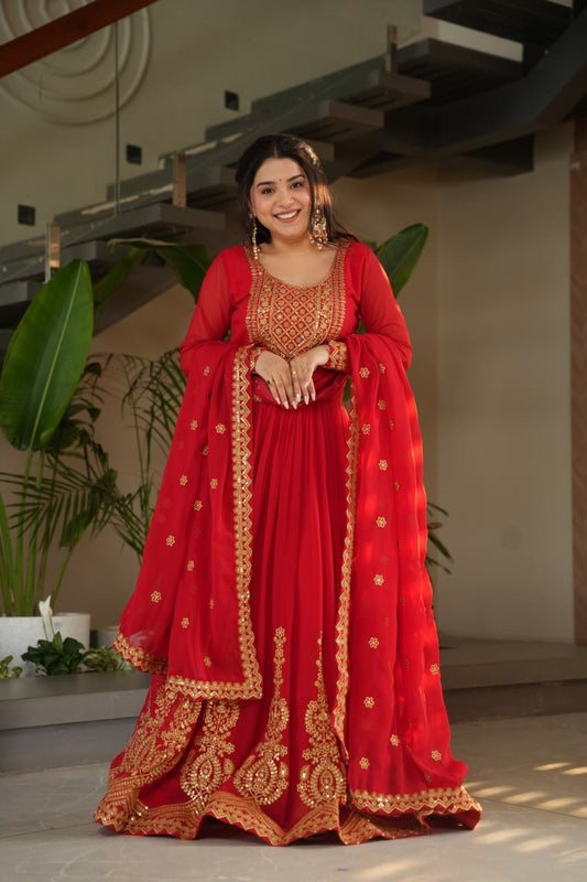 Moni 1162 Red Color Embroidery Zari Sequins Work Women Gown With Dupatta 2025