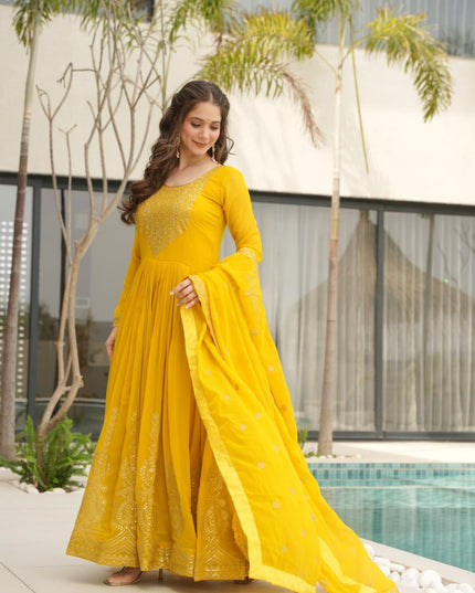 Moni 1162 Yellow Color Embroidery Zari Sequins Work Women Gown With Dupatta 2025