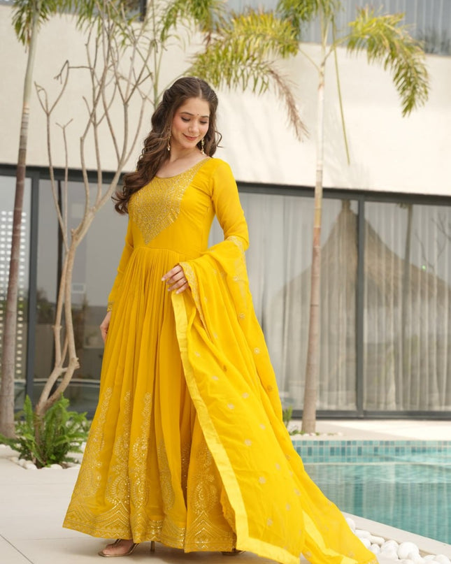 Moni 1162 Yellow Color Embroidery Zari Sequins Work Women Gown With Dupatta 2025
