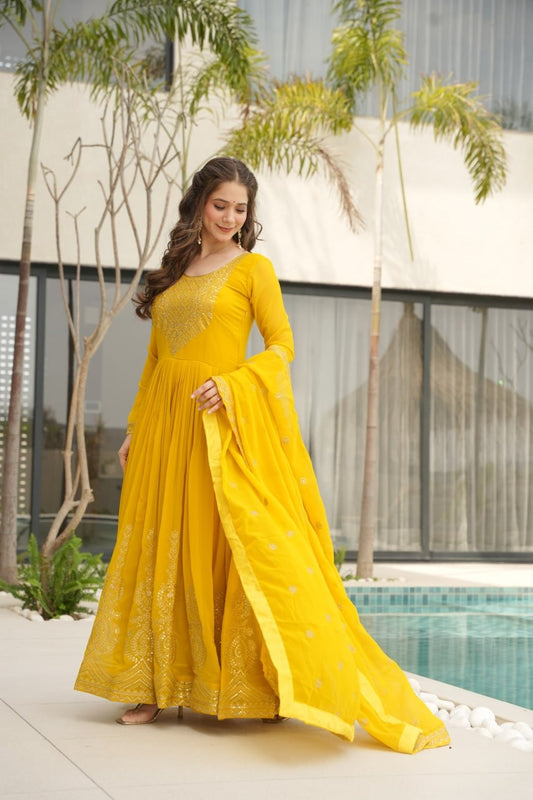 Moni 1162 Yellow Color Embroidery Zari Sequins Work Women Gown With Dupatta 2025