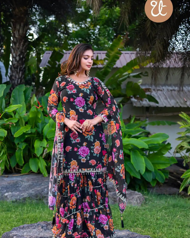 Threadthrill Design No 009 Floral Printed Georgette Ladies Kurti Palazzo Set 2025