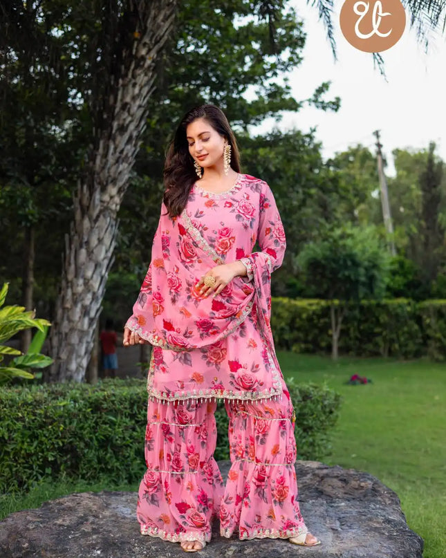 Threadthrill Design No 009 Floral Printed Pink Georgette Ladies Kurti Palazzo Set