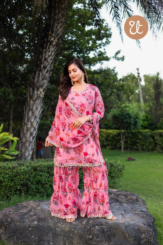 Threadthrill Design No 009 Floral Printed Pink Georgette Ladies Kurti Palazzo Set