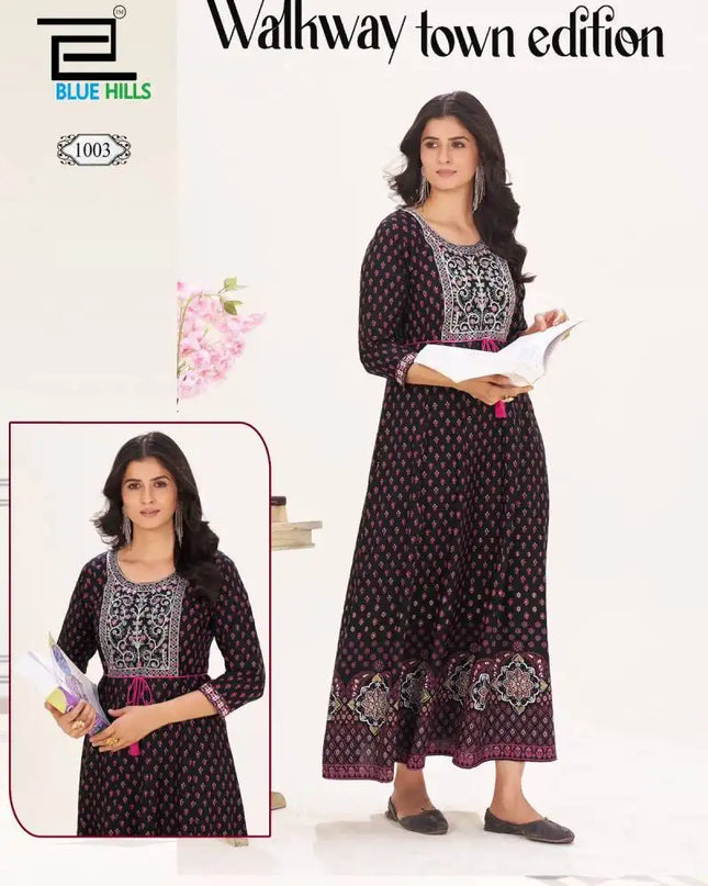 Blue Hills Walkway Town Edition Rayon Anarkali Kurti Long Flair