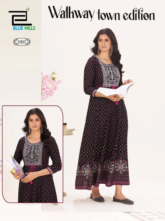 Blue Hills Walkway Town Edition Rayon Anarkali Kurti Long Flair
