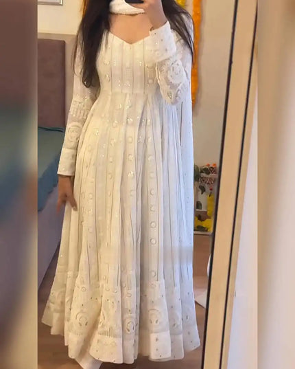 STD 6065 Fox Blooming Anarkali White Thread Work Kurti Pant Dupatta