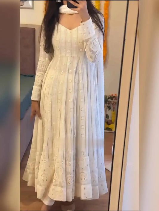 STD 6065 Fox Blooming Anarkali White Thread Work Kurti Pant Dupatta