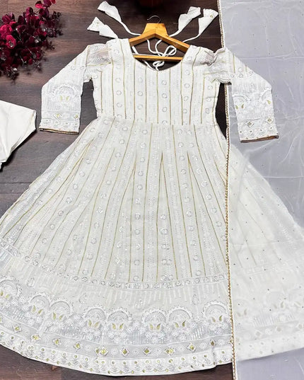 STD 6065 Fox Blooming Anarkali White Thread Work Kurti Pant Dupatta