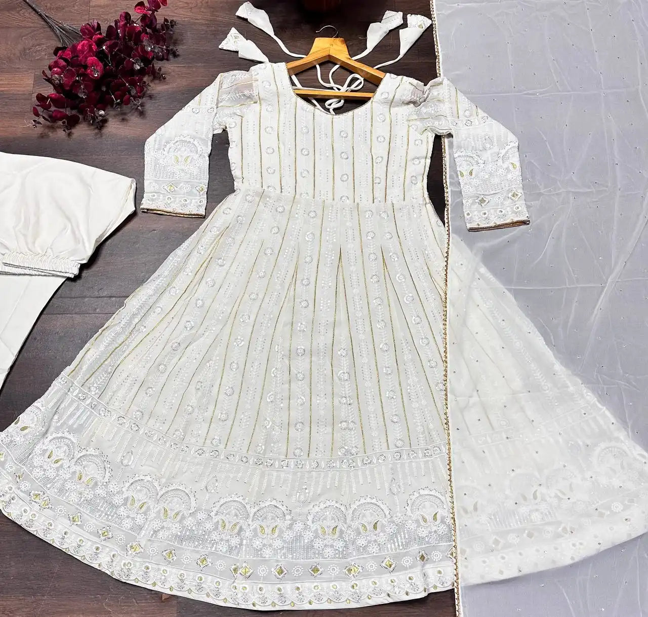 STD 6065 Fox Blooming Anarkali White Thread Work Kurti Pant Dupatta