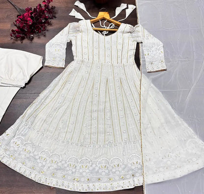 STD 6065 Fox Blooming Anarkali White Thread Work Kurti Pant Dupatta