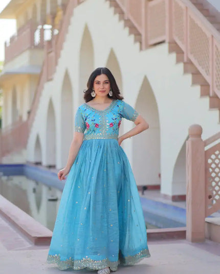 Moni 1171 Sky Blue Color Gold Crush Gown With Thread Embroidery Work 2025