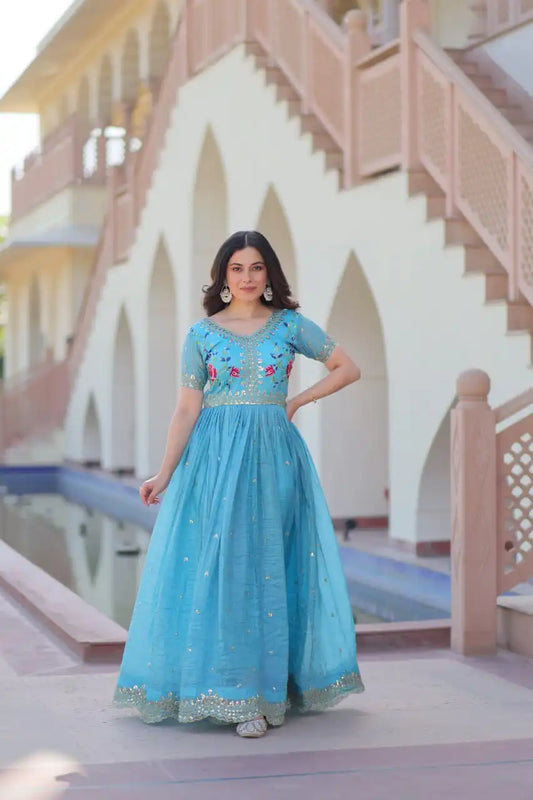 Moni 1171 Sky Blue Color Gold Crush Gown With Thread Embroidery Work 2025