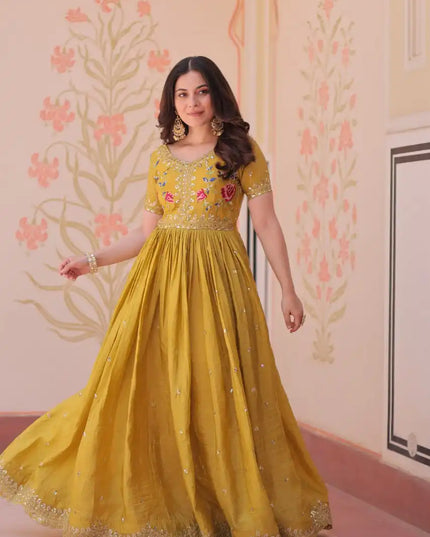 Moni 1171 Yellow Color Gold Crush Gown With Thread Embroidery Work 2025
