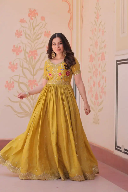 Moni 1171 Yellow Color Gold Crush Gown With Thread Embroidery Work 2025