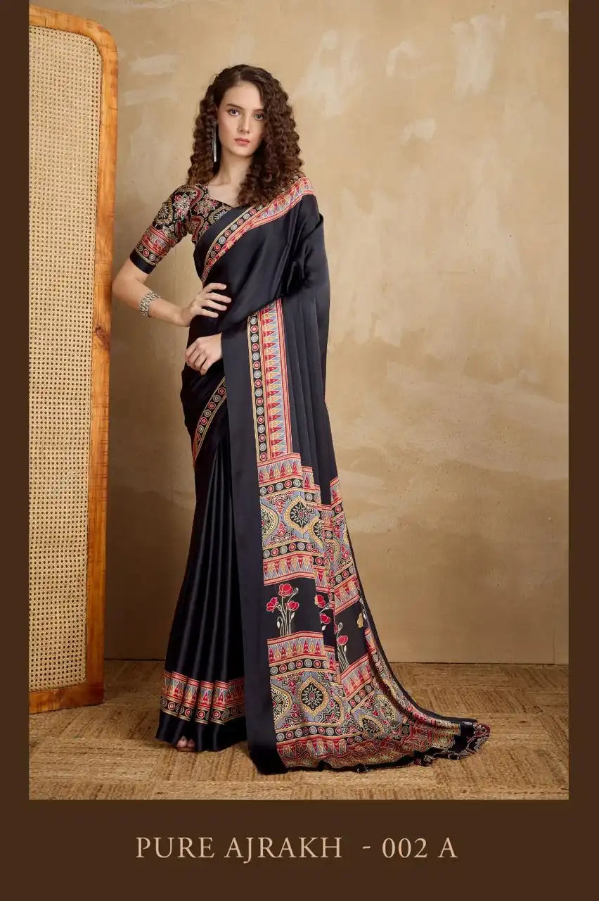 Rajtex Pure Ajrakh Vol 2 Satin Crepe Saree Black