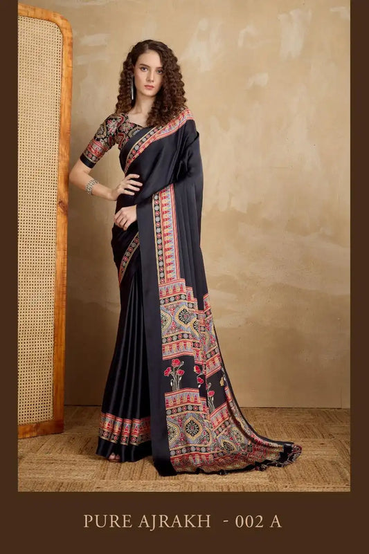 Rajtex Pure Ajrakh Vol 2 Satin Crepe Saree Black