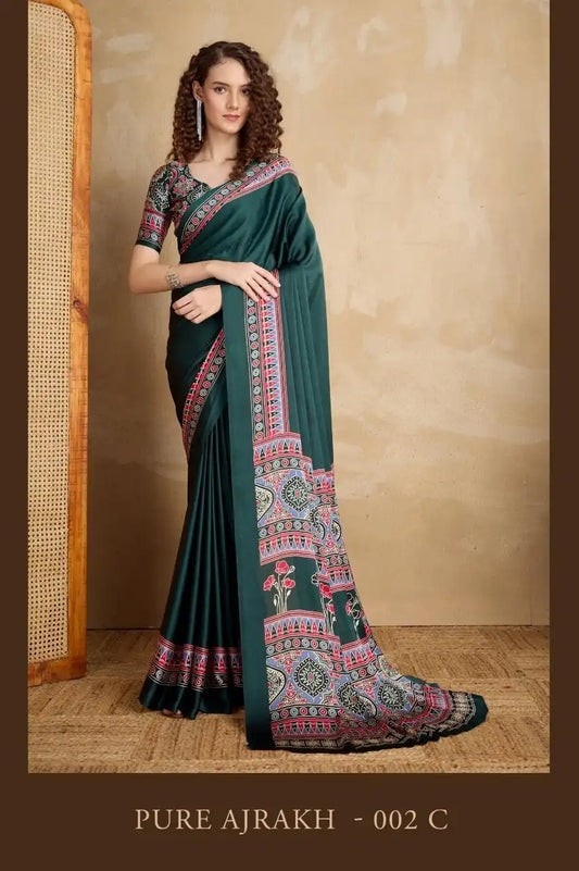 Rajtex Pure Ajrakh Vol 2 Satin Crepe Saree Jade
