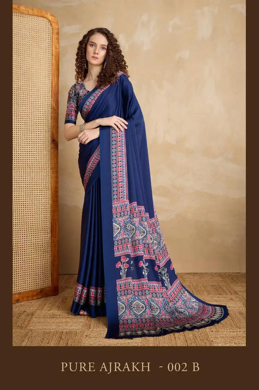 Rajtex Pure Ajrakh Vol 2 Satin Crepe Saree Steelblue