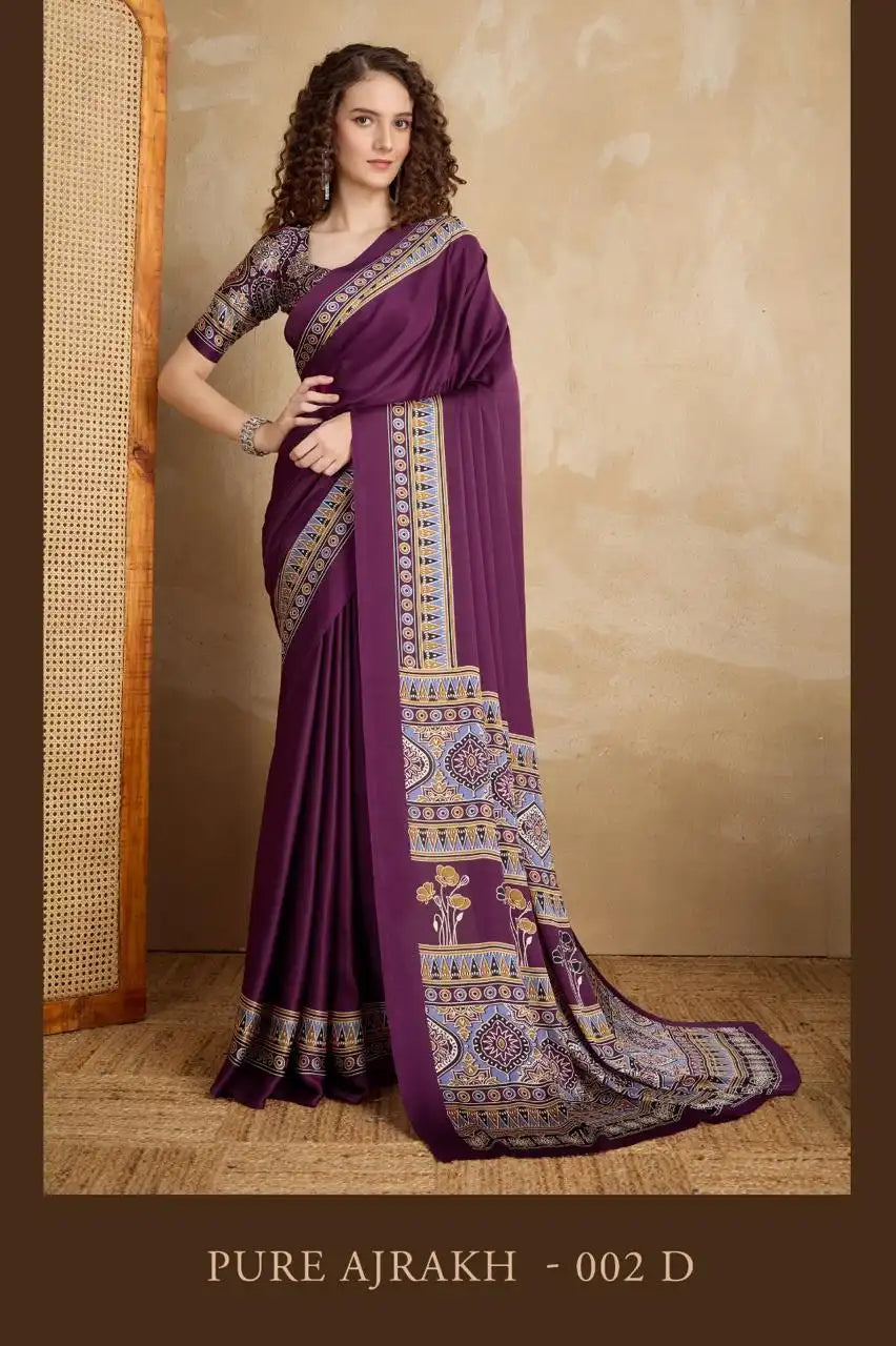Rajtex Pure Ajrakh Vol 2 Satin Crepe Saree Plum