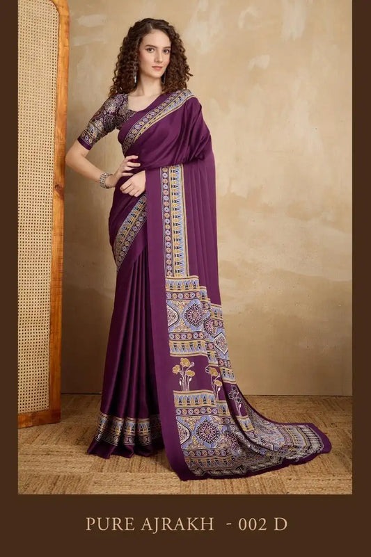 Rajtex Pure Ajrakh Vol 2 Satin Crepe Saree Plum