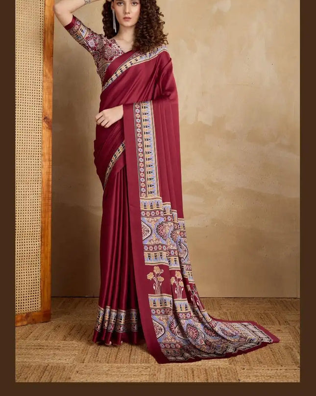 Rajtex Pure Ajrakh Vol 2 Satin Crepe Saree Rosewood