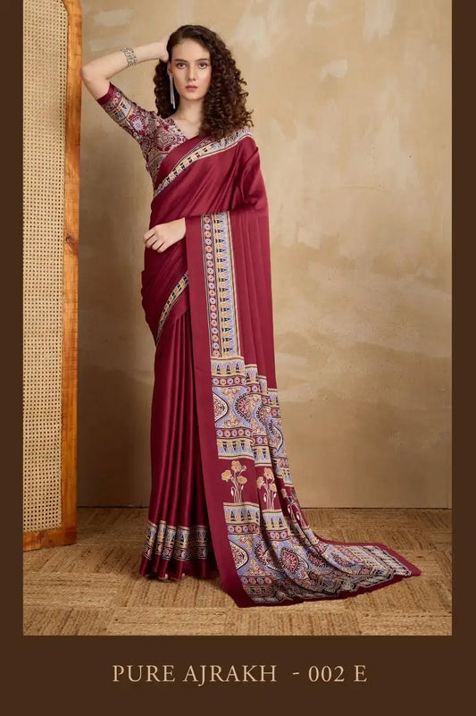 Rajtex Pure Ajrakh Vol 2 Satin Crepe Saree Rosewood